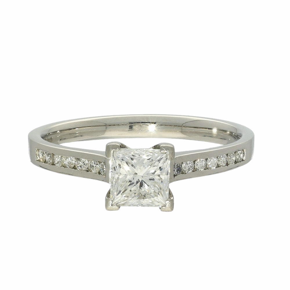 Platinum Certificated 0.79ct Princess Cut Solitaire, Diamond Shoulders Engagement Ring