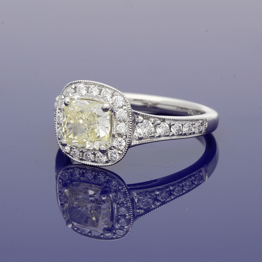 Platinum Natural Yellow & White Diamond Halo Cluster Ring