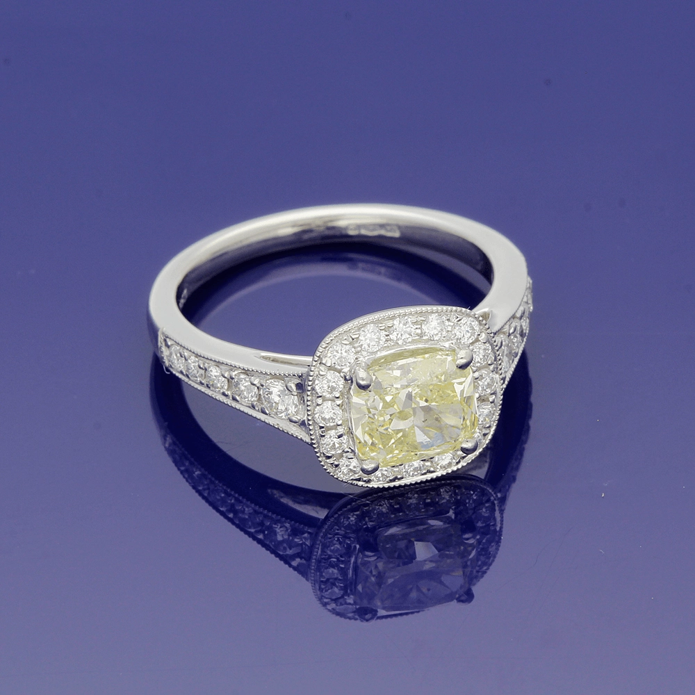Platinum Natural Yellow & White Diamond Halo Cluster Ring