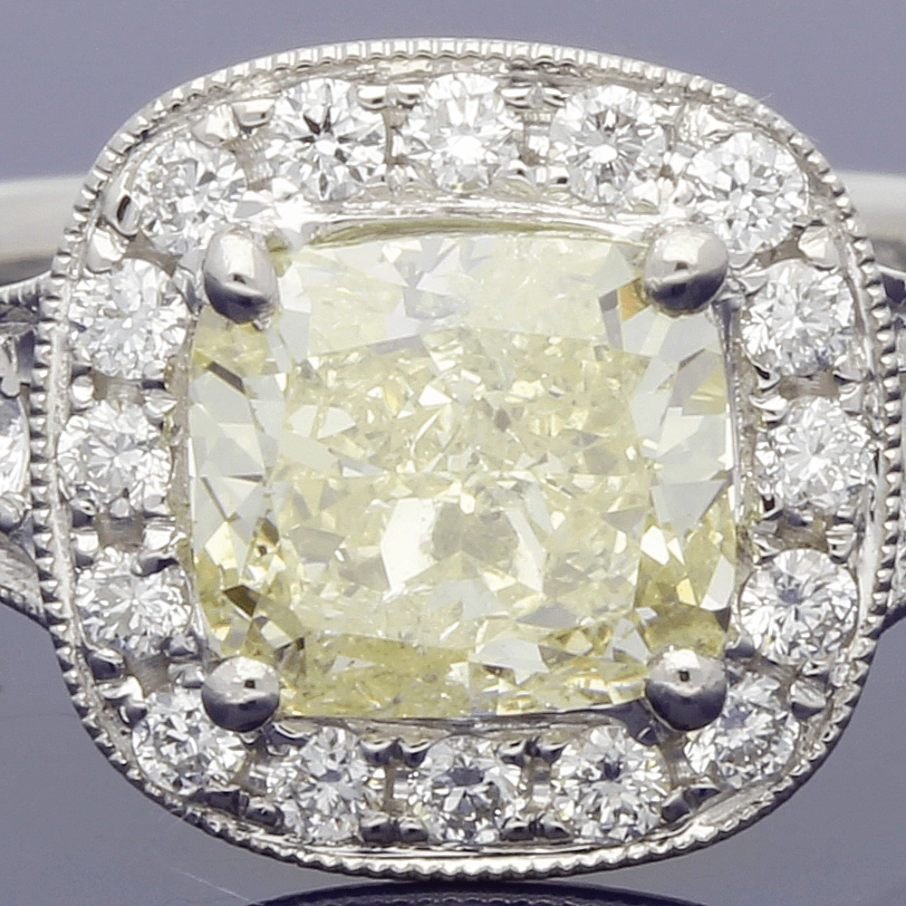 Platinum Natural Yellow & White Diamond Halo Cluster Ring