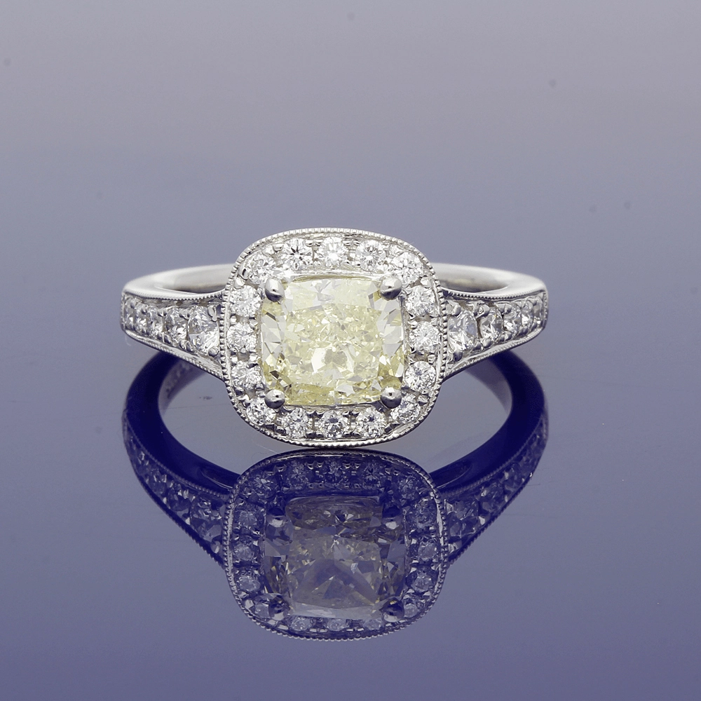 Platinum Natural Yellow & White Diamond Halo Cluster Ring