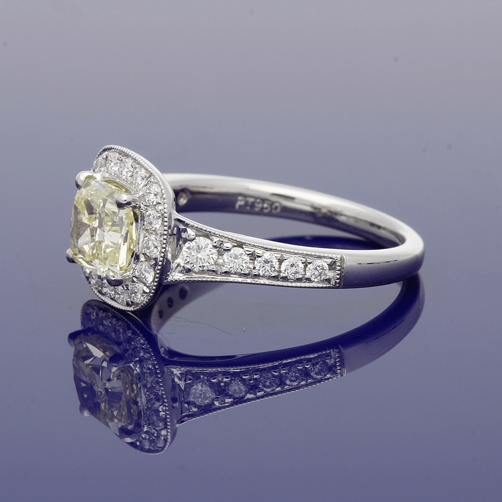 Platinum Natural Yellow & White Diamond Halo Cluster Ring