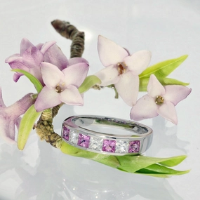 Platinum Princess Cut Pink Sapphire & Diamond Half Eternity Ring