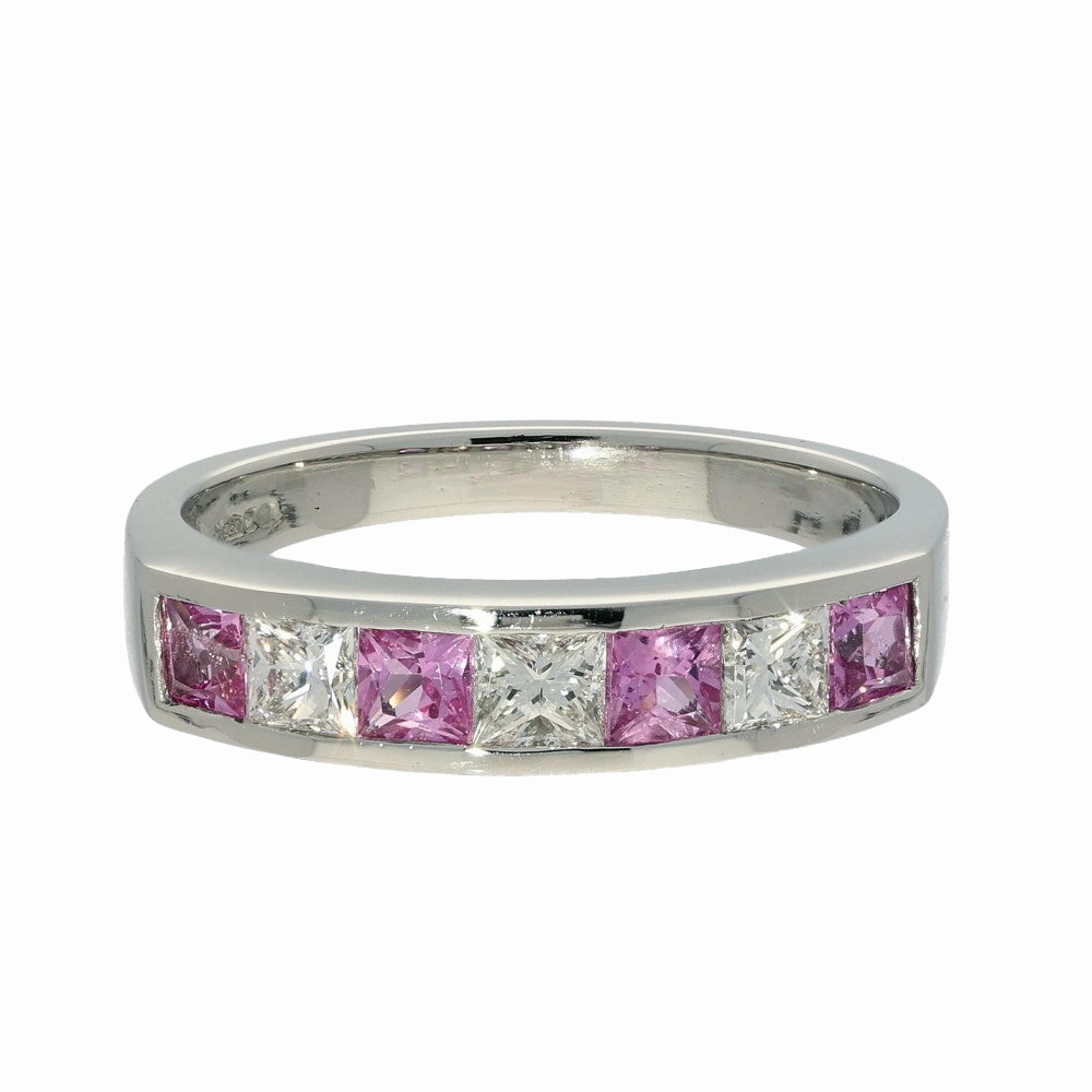 Platinum Princess Cut Pink Sapphire & Diamond Half Eternity Ring