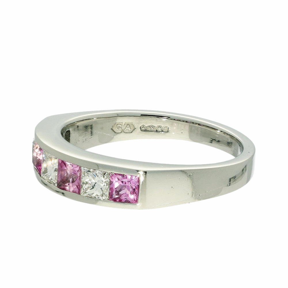 Platinum Princess Cut Pink Sapphire & Diamond Half Eternity Ring