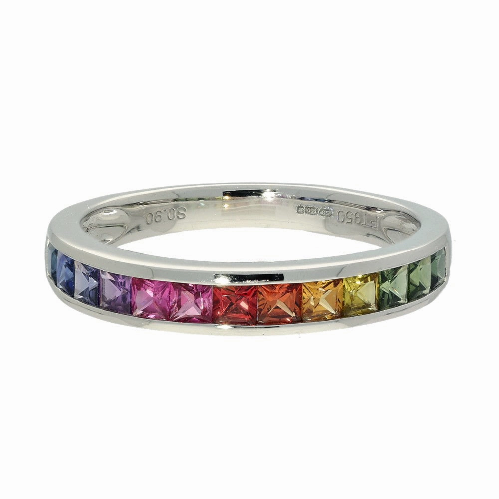 Platinum Princess Cut Rainbow Sapphire Channel Set Half Eternity Ring