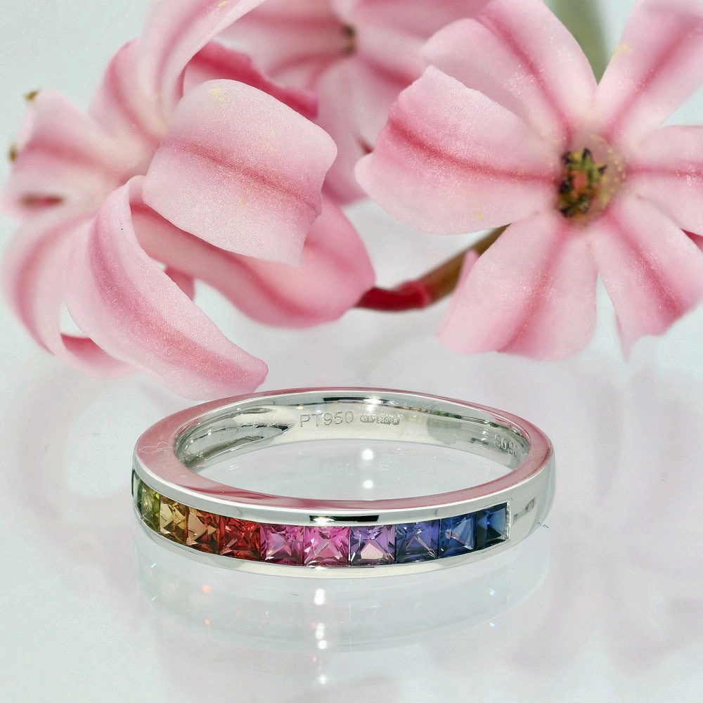 Platinum Princess Cut Rainbow Sapphire Channel Set Half Eternity Ring