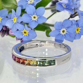 Platinum Princess Cut Rainbow Sapphire Channel Set Half Eternity Ring