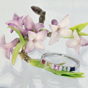 Platinum Rainbow Sapphire & Diamond Half Eternity Ring