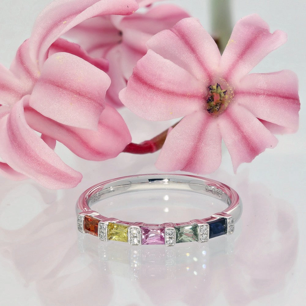 Platinum Rainbow Sapphire & Diamond Half Eternity Ring
