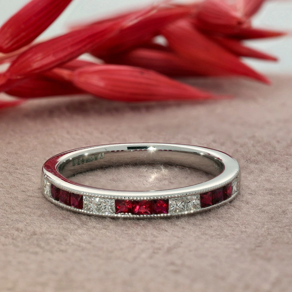 Platinum Ruby & Princess Cut Diamond Half Eternity Ring