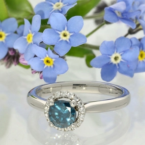 Platinum Teal Blue Diamond Halo Ring