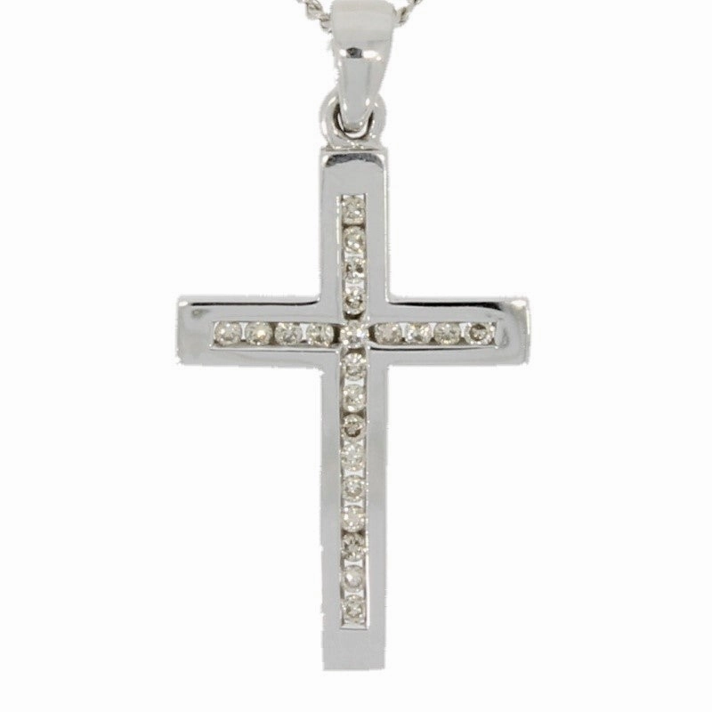 Pre Owned 9ct White Gold 0.25ct Diamond Set Cross Pendant And Chain Necklace