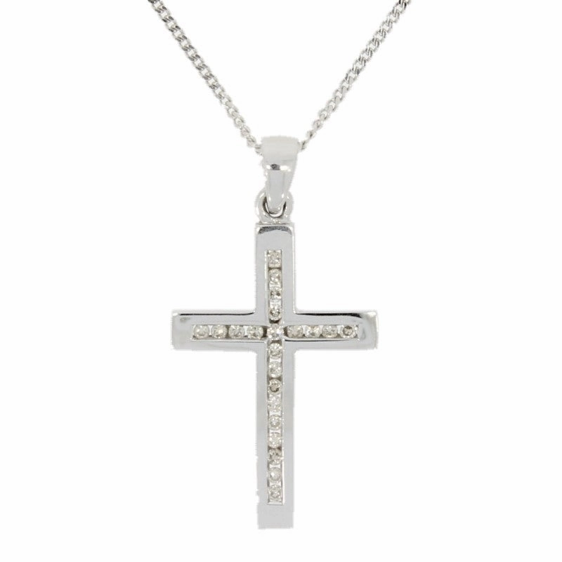 Pre Owned 9ct White Gold 0.25ct Diamond Set Cross Pendant And Chain Necklace