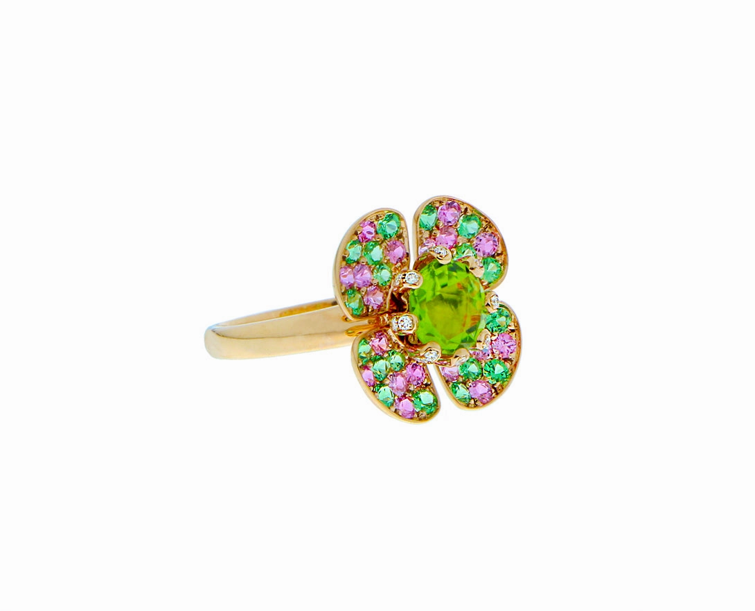Rose gold flower ring with peridot, tsavorite and diamonds