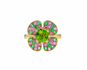 Rose gold flower ring with peridot, tsavorite and diamonds