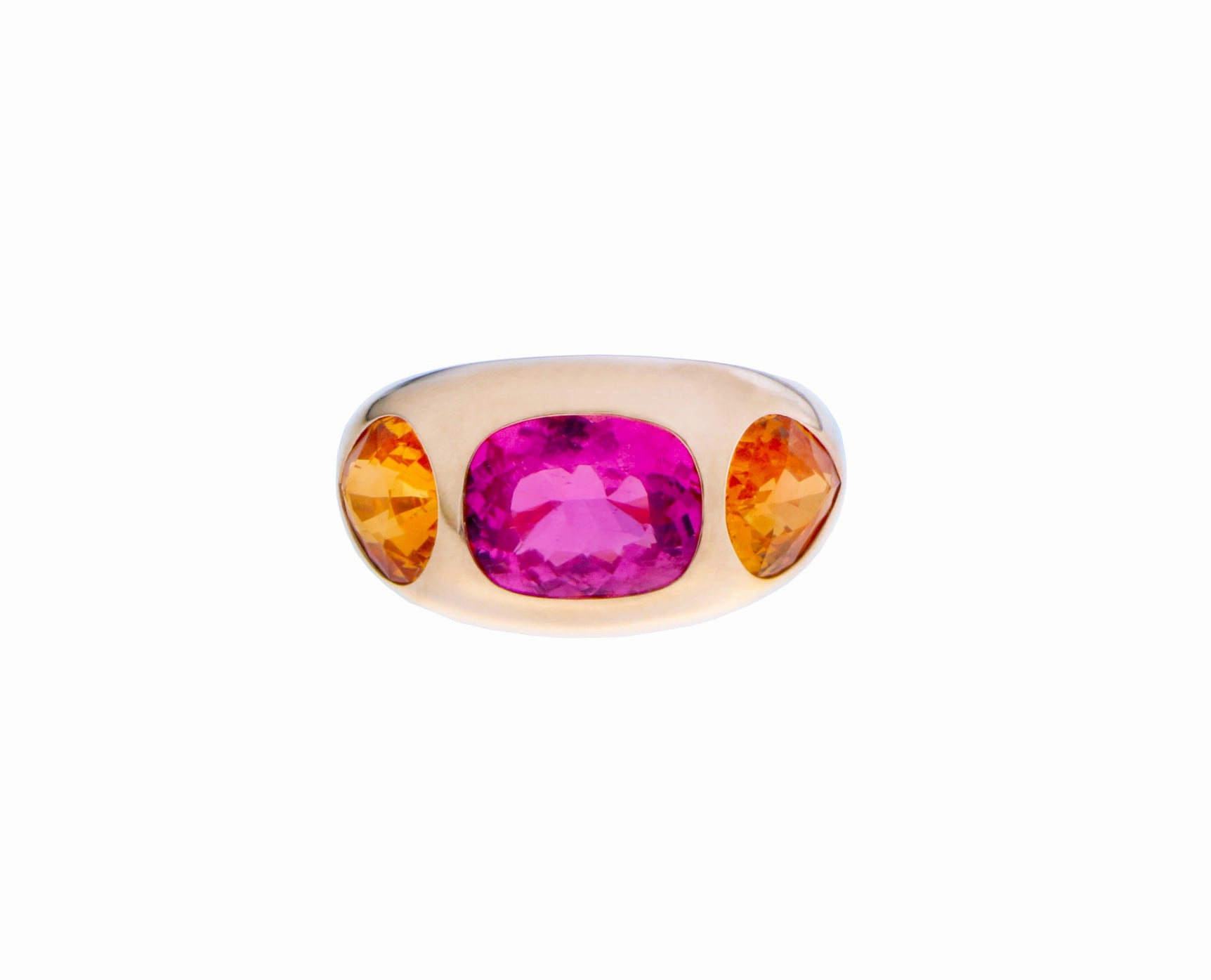 Rose gold ring pink tourmaline with two spessartite garnets