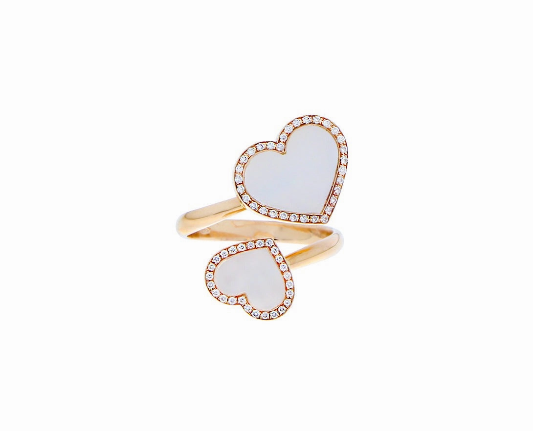 Rose gold ring with 2 mother of pearl and diamond hearts