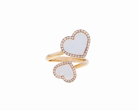 Rose gold ring with 2 mother of pearl and diamond hearts