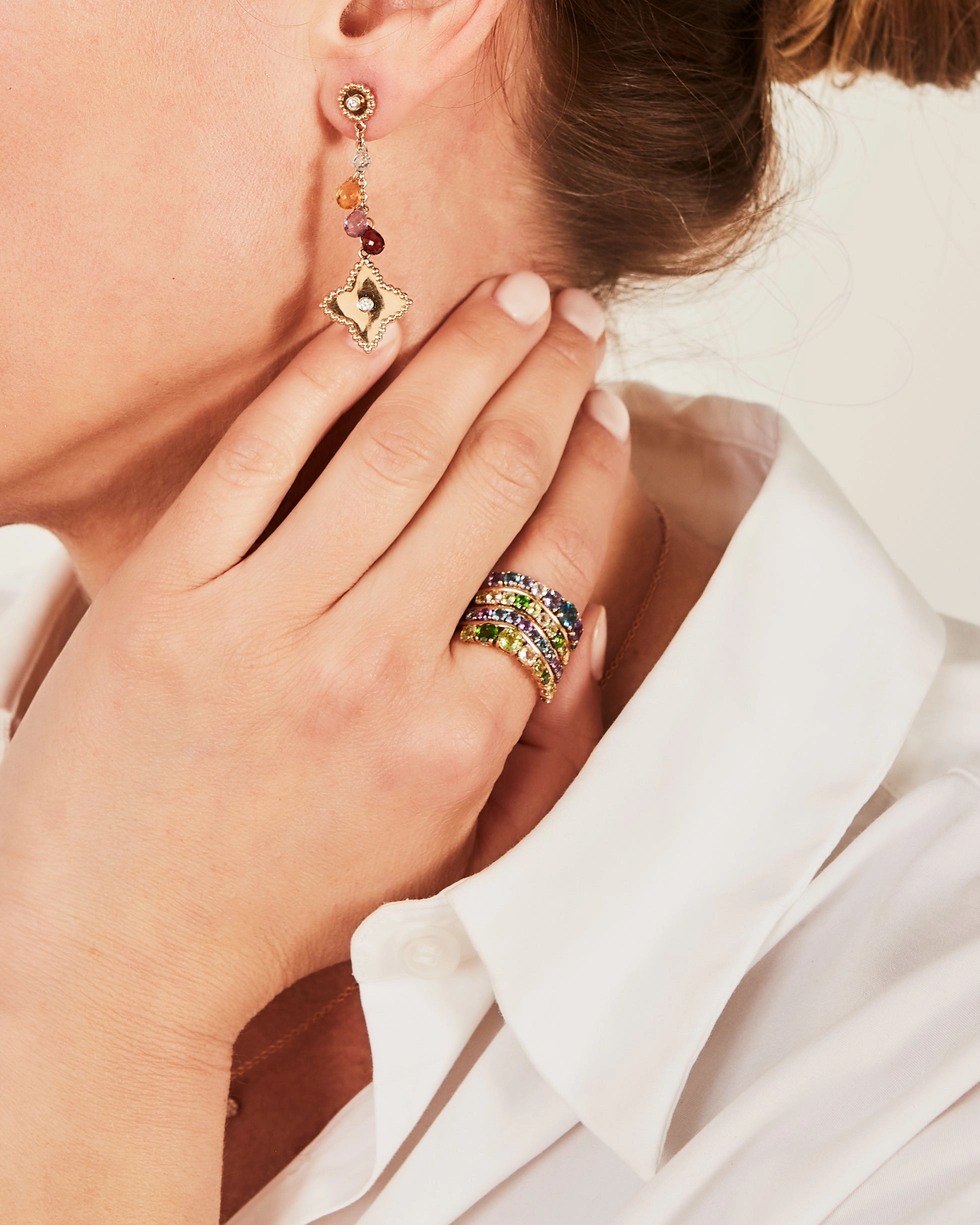 Rose gold ring with amethyst, rhodolite, tourmaline, quartz and peridot