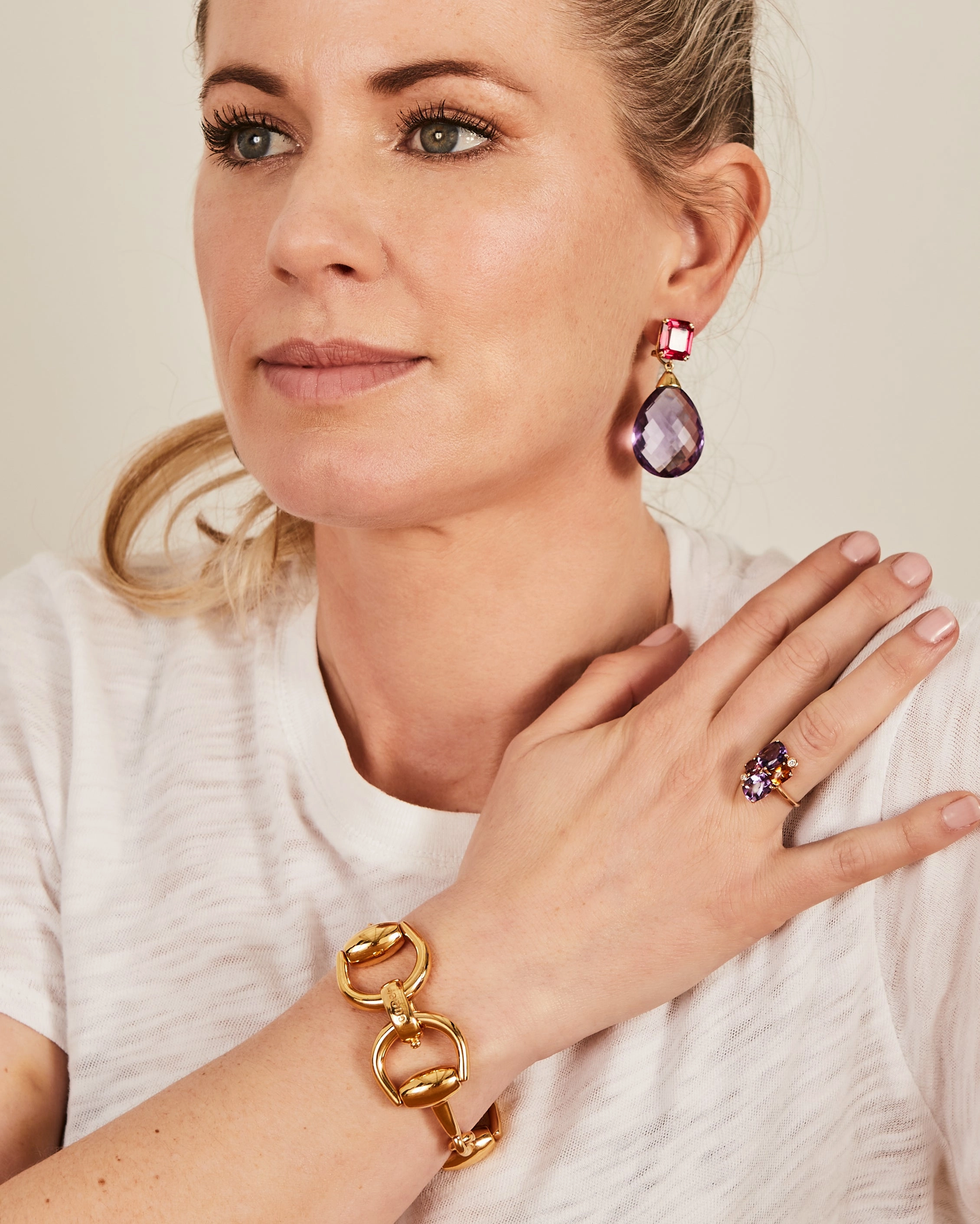 Rose gold ring with amethysts, citrine, rhodolite and diamonds