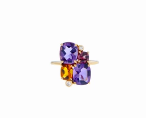 Rose gold ring with amethysts, citrine, rhodolite and diamonds