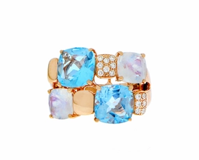 Rose gold ring with blue topaz, moonstone and diamonds