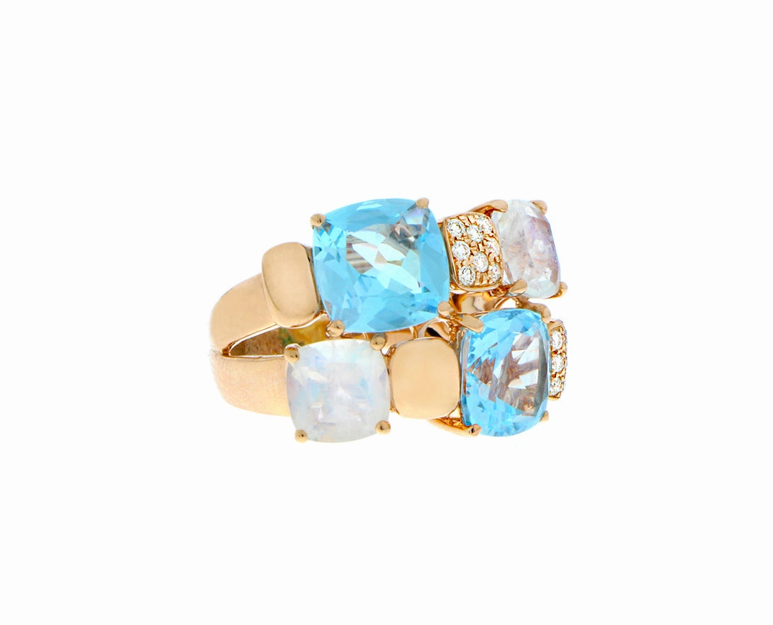 Rose gold ring with blue topaz, moonstone and diamonds