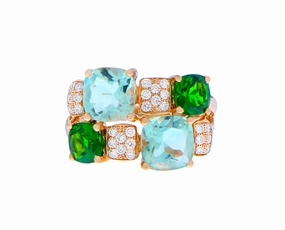 Rose gold ring with green quartz, diopside and diamonds