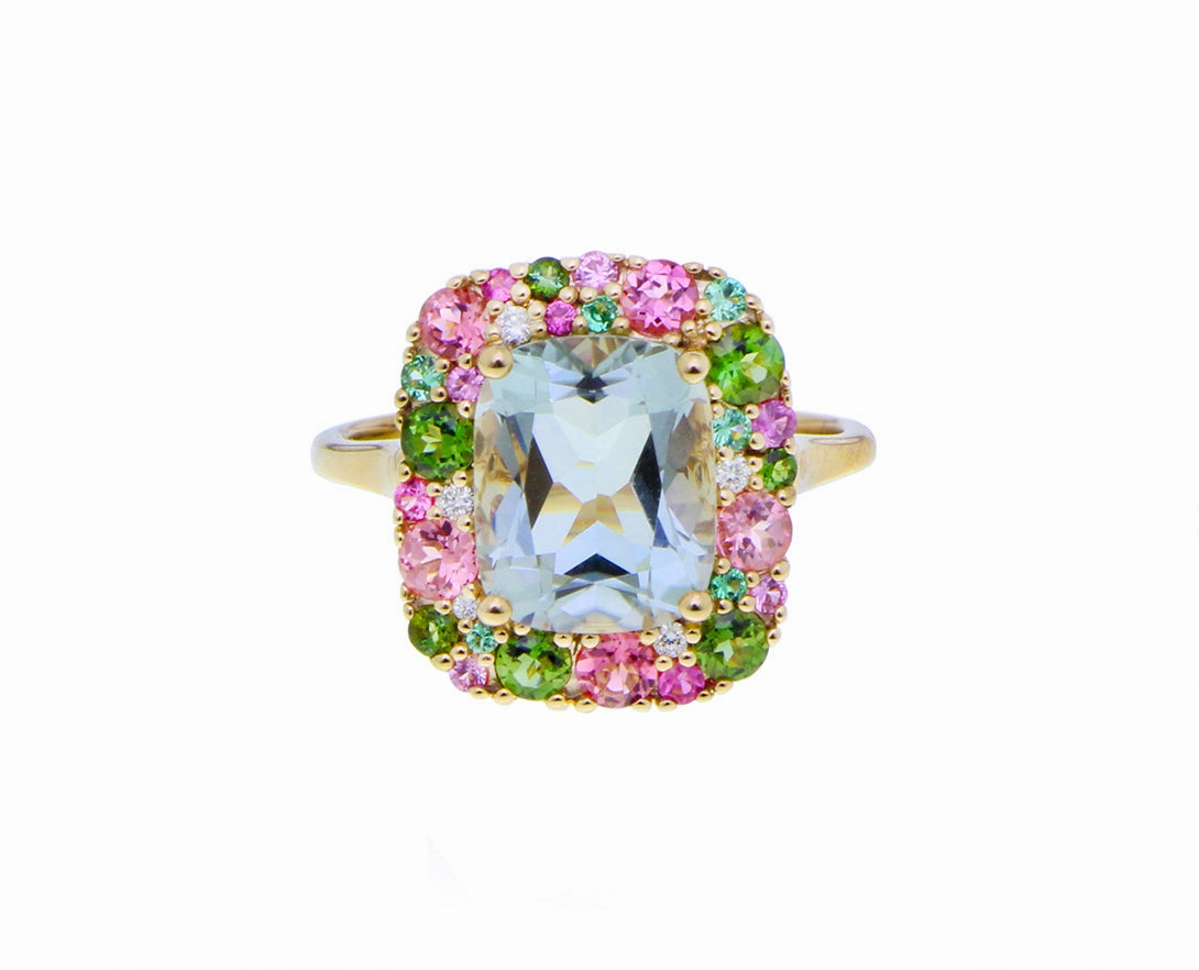 Rose gold ring with green quartz, pink & green tourmaline and pink sapphire