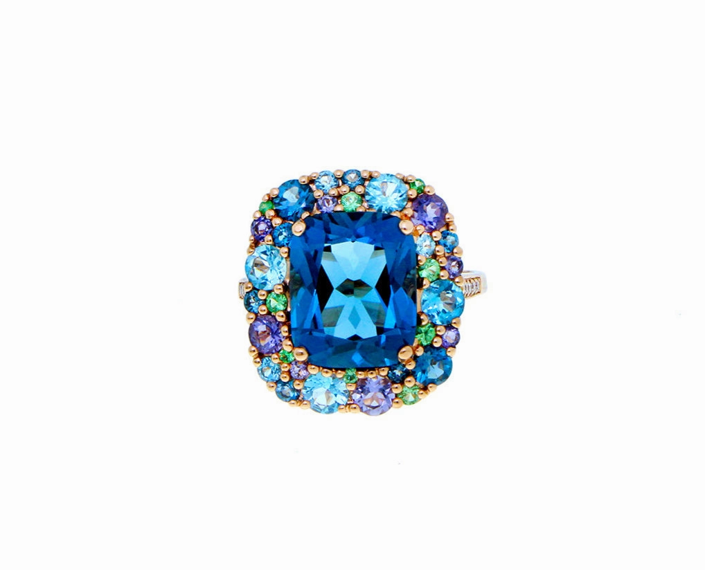 Rose gold ring with London blue topaz, blue topaz, iolite, tsavorite and diamonds