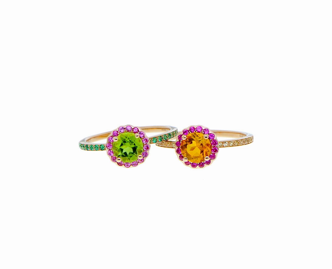 Rose gold ring with peridot , citrine and pink sapphires