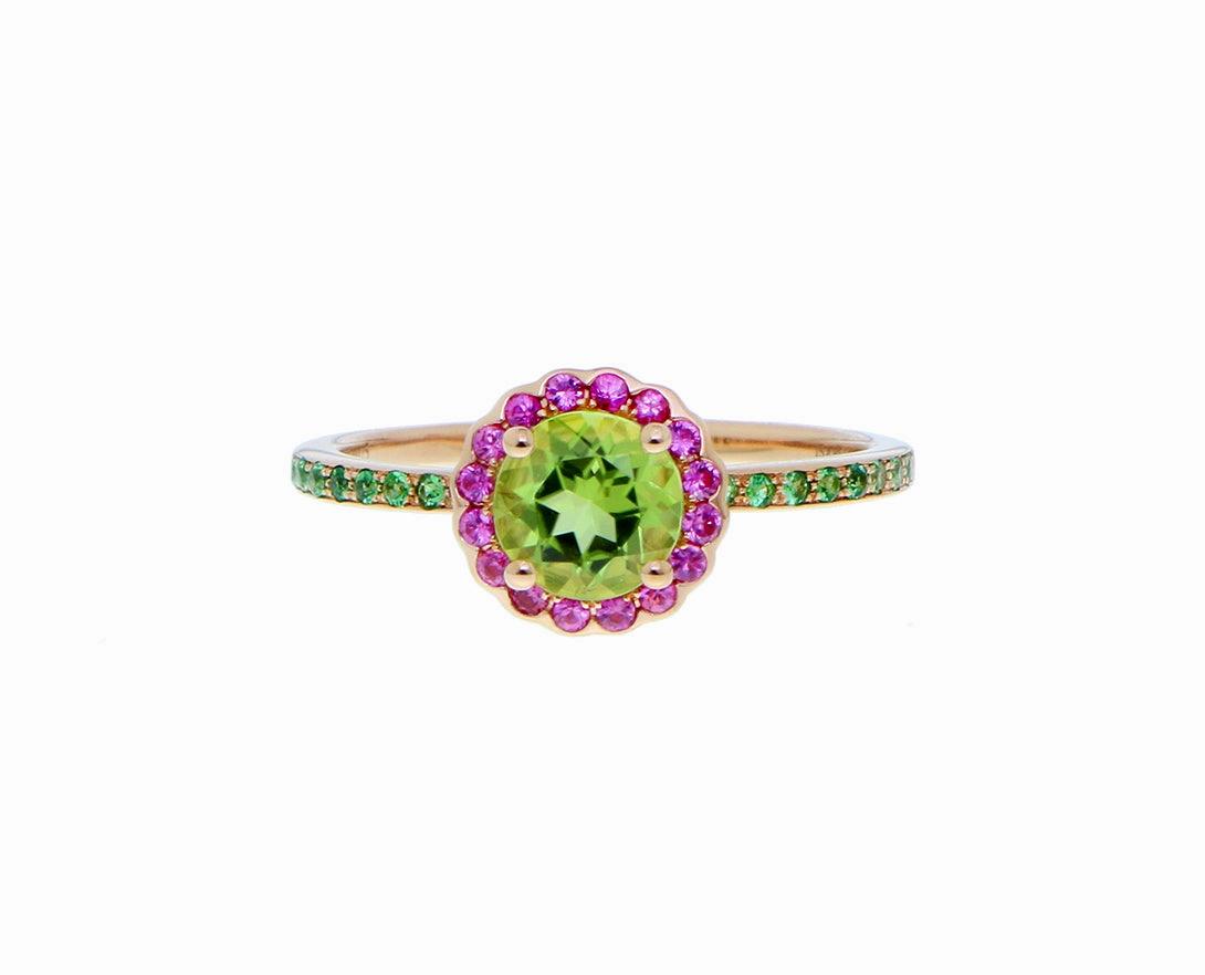 Rose gold ring with peridot , citrine and pink sapphires