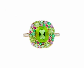 Rose gold ring with peridot, tsavorite, roze sapphire and diamonds