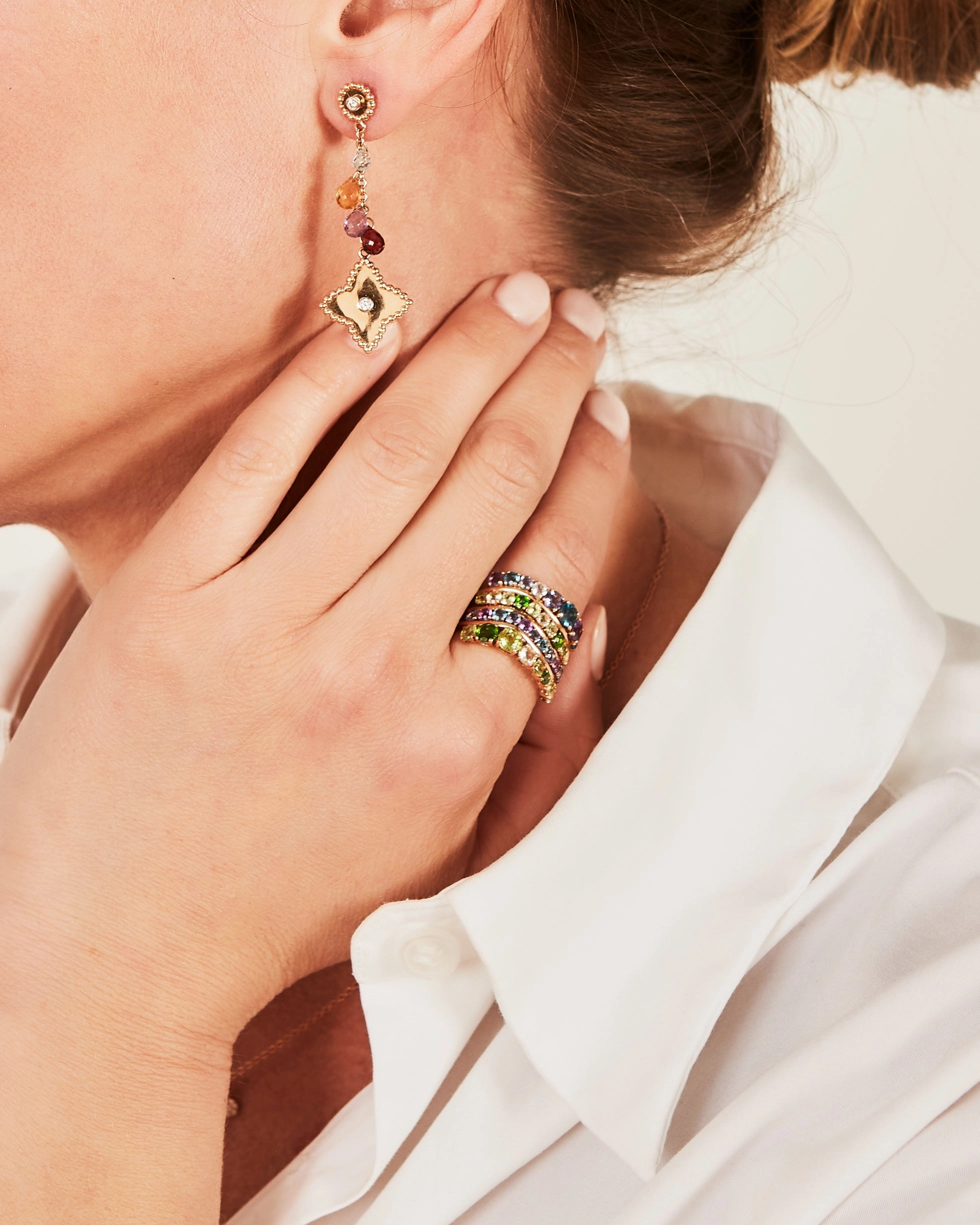 Rose gold ring with peridots, lemon quartz and amethysts