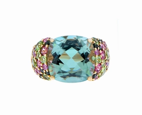 Rose gold ring with prasiolite, peridot, sapphires and tourmaline