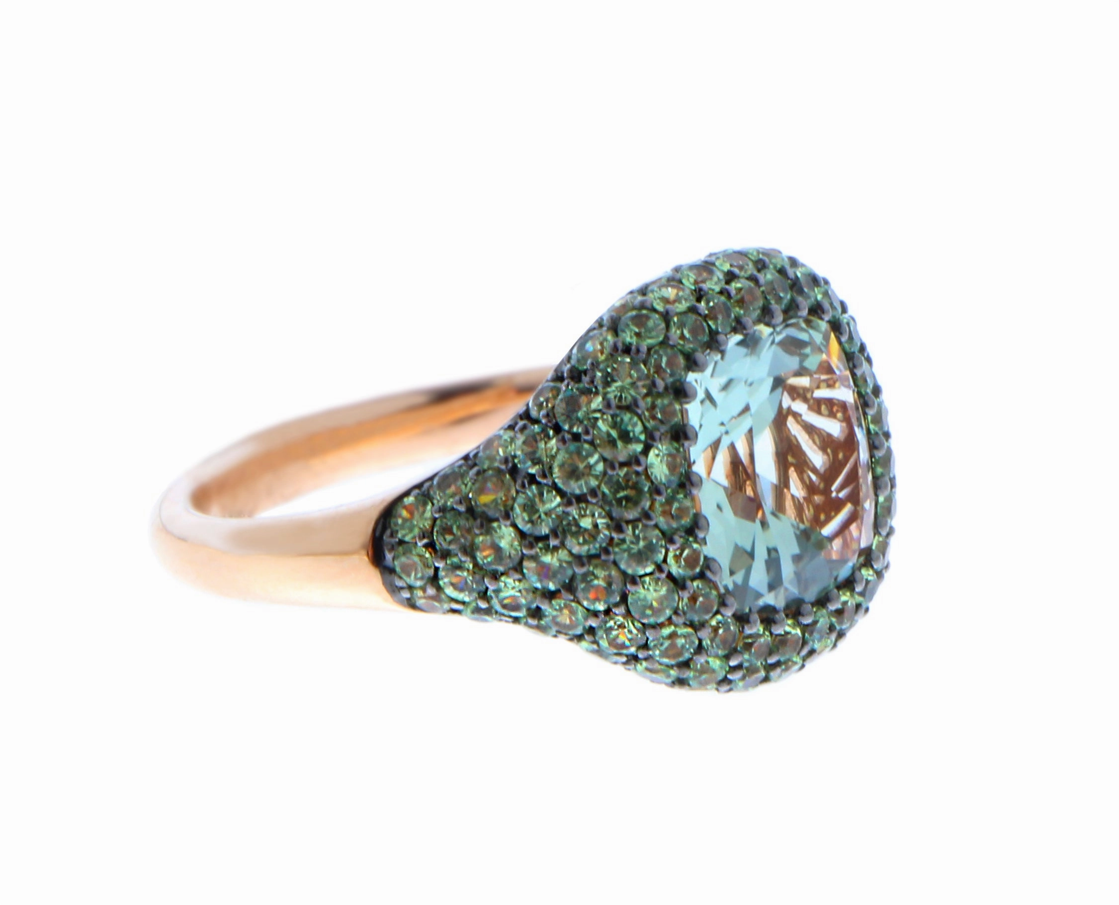 Rose gold rings brown diamonds and demantoid garnet