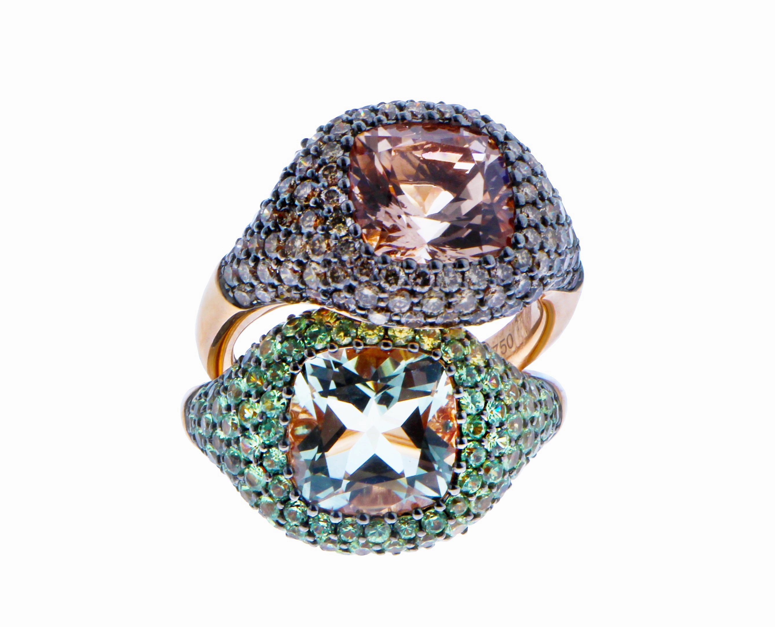 Rose gold rings brown diamonds and demantoid garnet