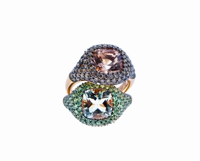 Rose gold rings brown diamonds and demantoid garnet