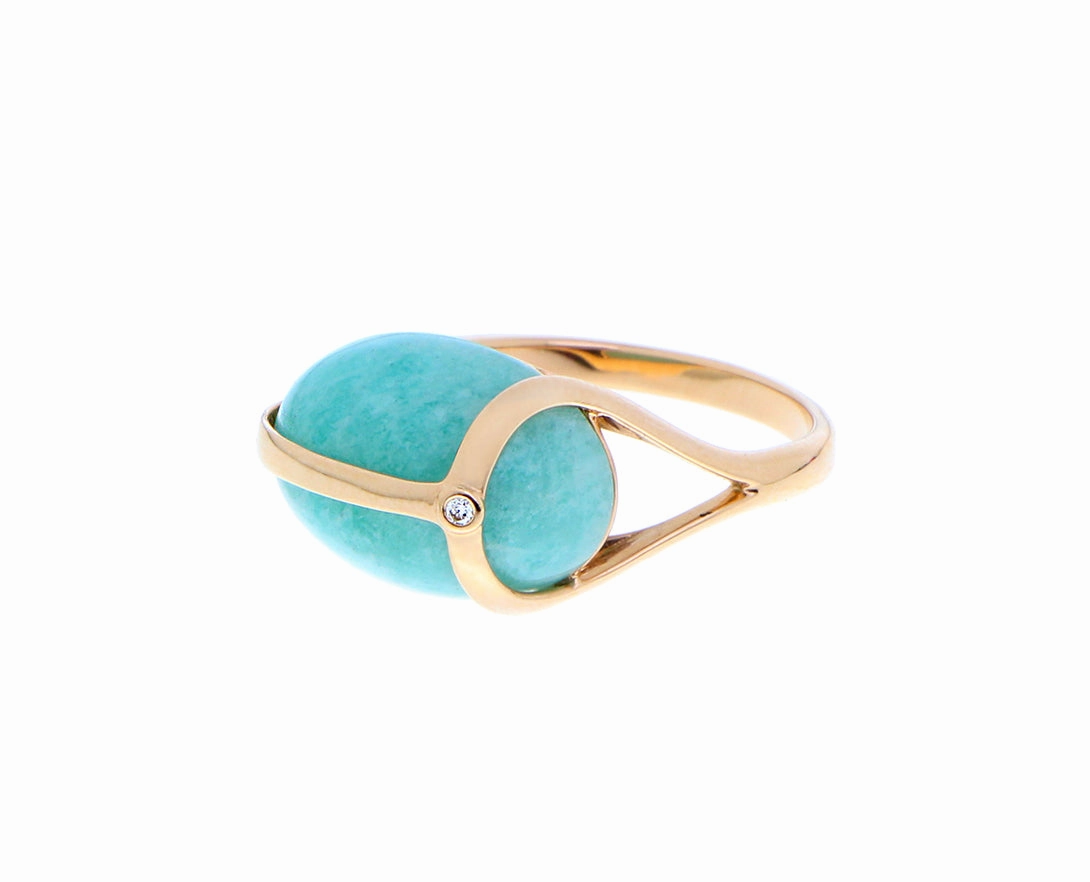 Rose gold scarab ring with a small diamond and amazonite