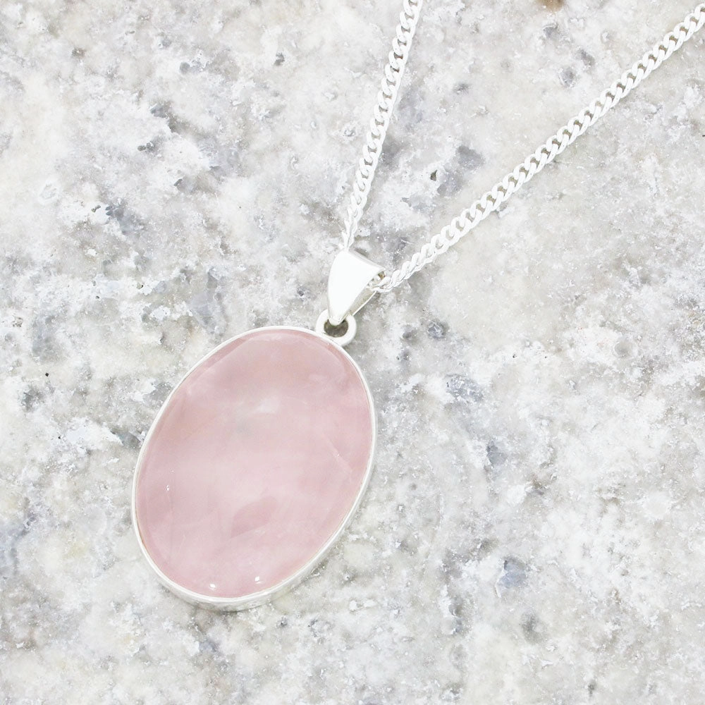 Rose Quartz Sterling Silver Oval Pendant and Chain