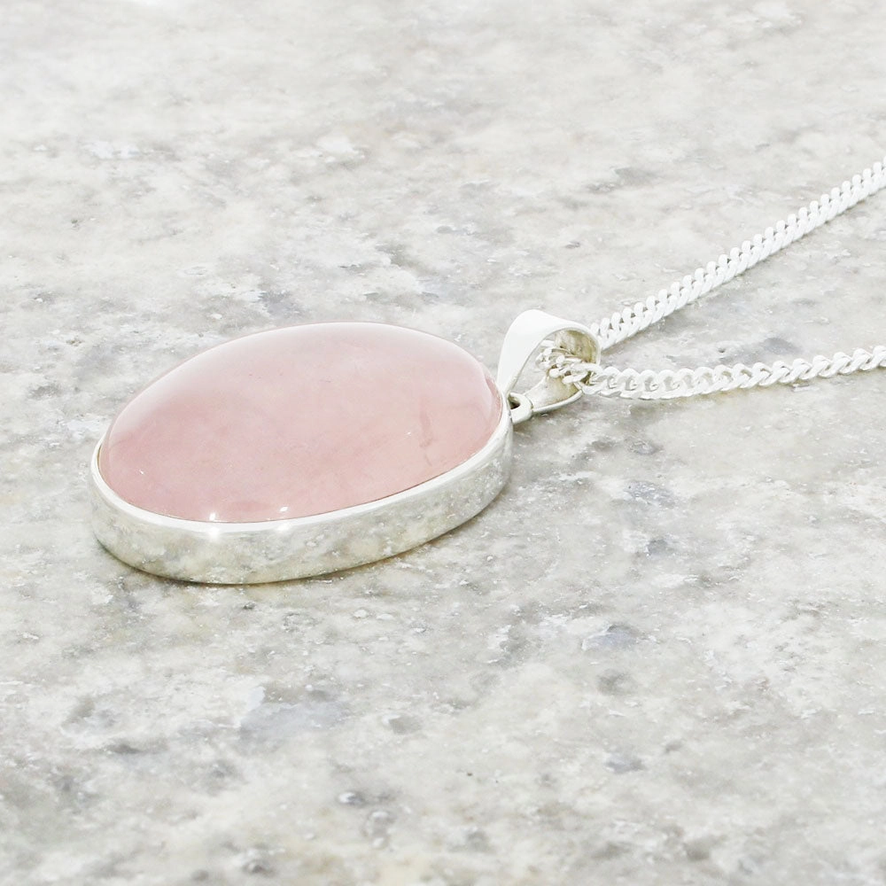 Rose Quartz Sterling Silver Oval Pendant and Chain
