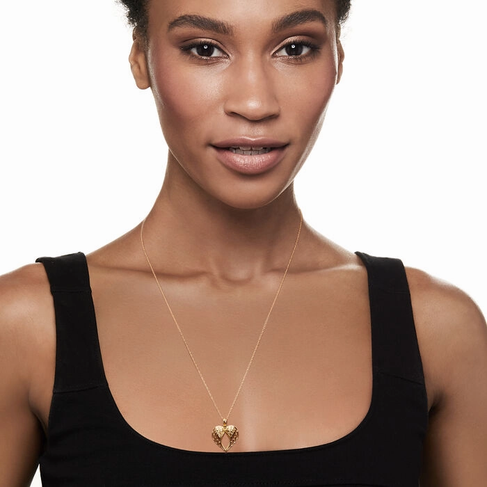 Ross-Simons 14K Yellow Gold Angel Wings Heart Pendant Necklace