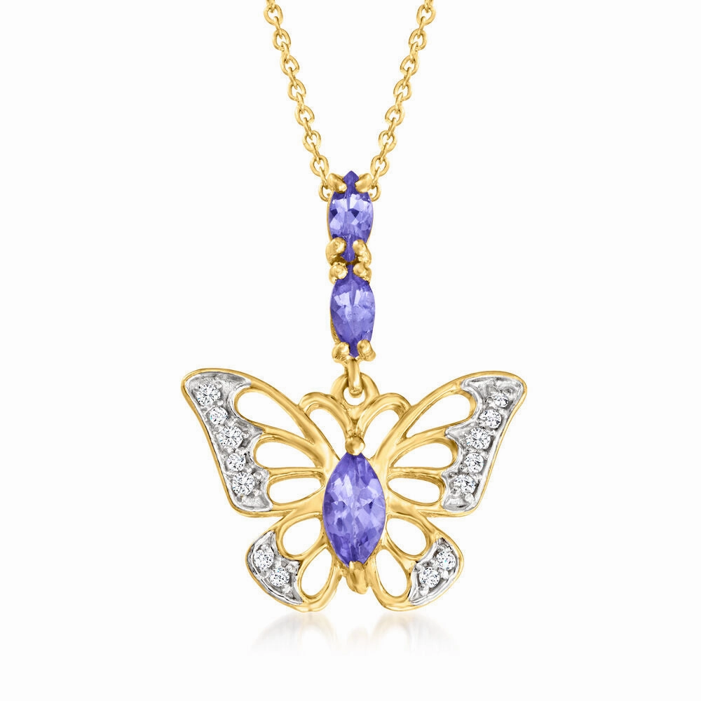 Ross Simons 50 ct. t.w. Tanzanite and .10 ct. t.w. White Topaz Butterfly Pendant Necklace