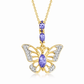 Ross Simons 50 ct. t.w. Tanzanite and .10 ct. t.w. White Topaz Butterfly Pendant Necklace