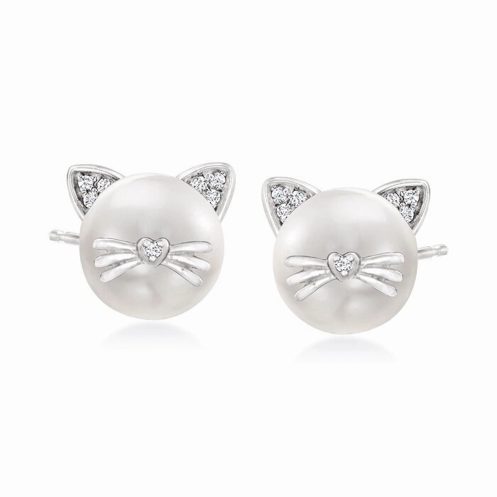 Ross-Simons 8-8.5mm Cultured Pearl Cat Earrings with Diamond Accents