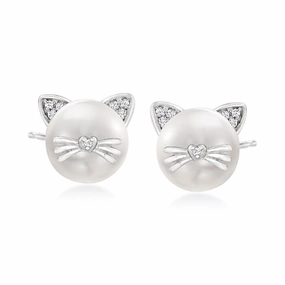Ross-Simons 8-8.5mm Cultured Pearl Cat Earrings with Diamond Accents