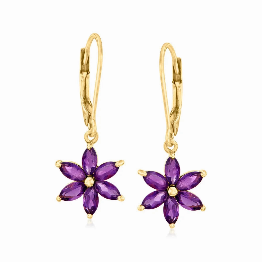 Ross-Simons Amethyst Flower Drop Earrings in 18kt Gold Over Sterling
