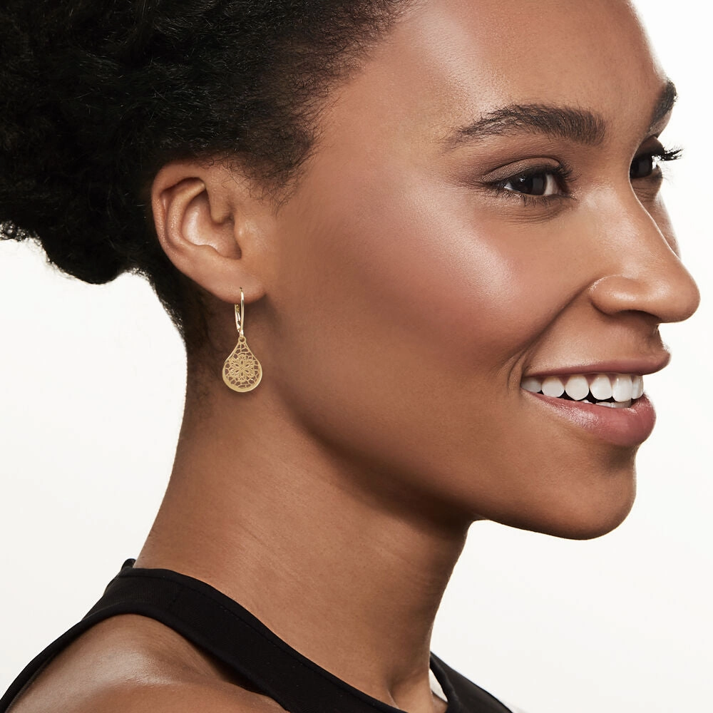 Ross-Simons Italian 14K Yellow Gold Openwork Floral Lace Teardrop Earrings