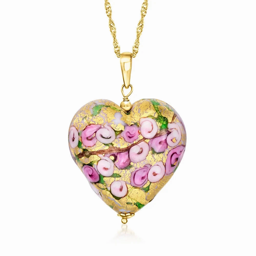 Ross Simons Italian Multicolored Murano Glass Rose Heart Adjustable Pendant Necklace